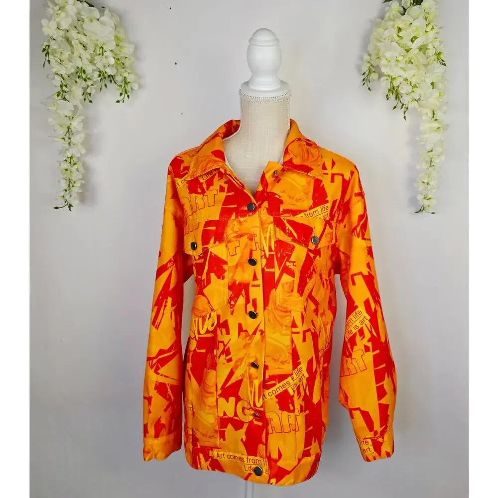Artsy Graffiti Jacket Large Orange Art is Life Button Front Pop Streetwear Shein